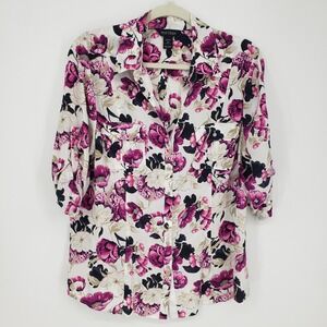 White House Black Market Silk Floral Button Down Shirt Women Size 14 Pink Purple